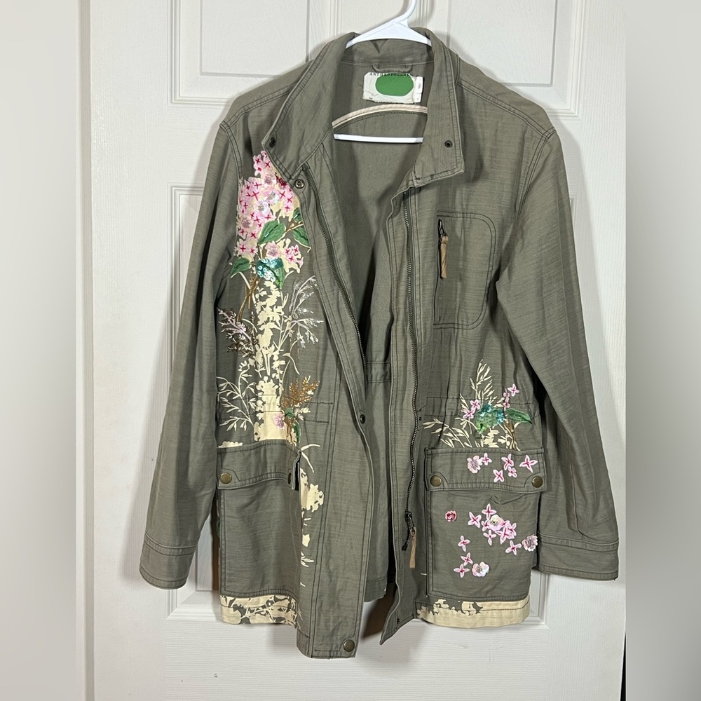 Anthropologie Embroidered Olive Utility Jacket - spring jacket lightweight S - L